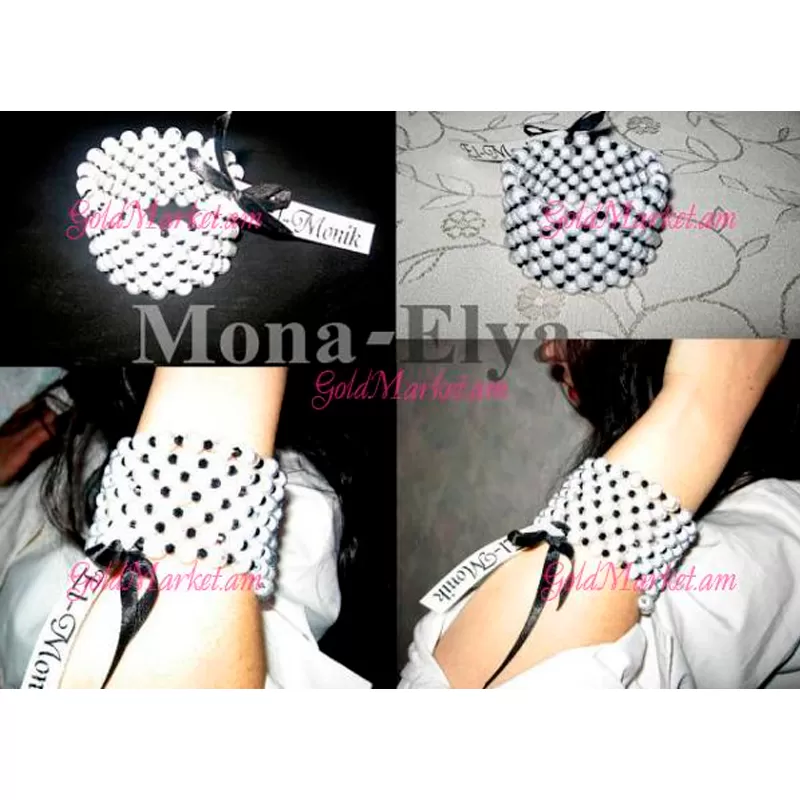 Браслет с черными и белыми круглыми камнями